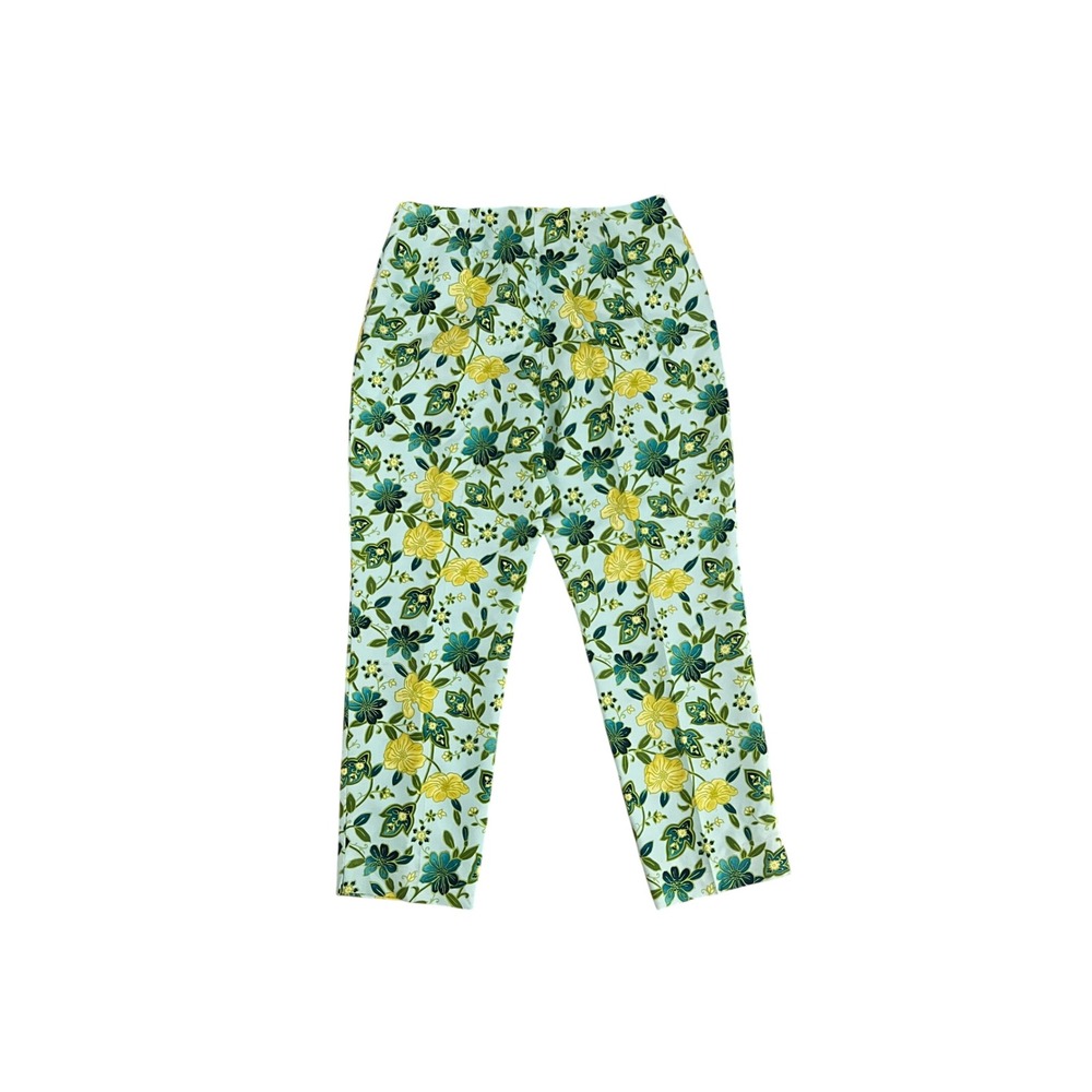 Ann Taylor 100% Silk Floral Trousers Light Blue Yellow Green Size 12 High Rise